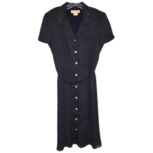 Brooks Brothers Dotted Belted Button Up Shirtwaist Dress - Navy/White - 14P - Picture 1 of 10